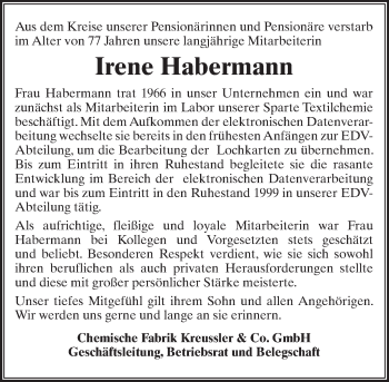 Traueranzeige von Irene Habermann von Trauerportal Rhein Main Presse