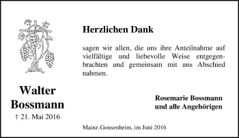 Traueranzeige von Walter Bossmann von  Allgemeine Zeitung Mainz