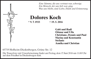 Traueranzeige von Dolores Koch von  Hofheimer Zeitung
