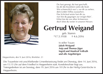 Traueranzeige von Gertrud Weigand von Trauerportal Echo Online