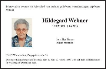 Traueranzeige von Hildegard Webner von  Wiesbaden komplett