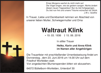 Traueranzeige von Waltraut Klink von Trauerportal Echo Online
