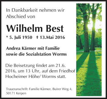Traueranzeige von Wilhelm Best von Trauerportal Rhein Main Presse