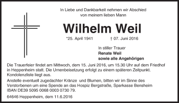 Traueranzeige von Wilhelm Weil von Trauerportal Echo Online
