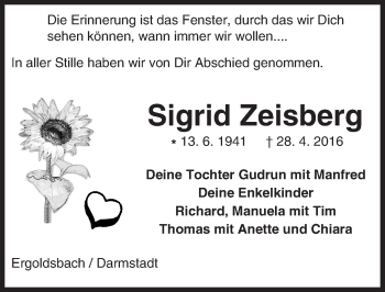 Traueranzeige von Sigrid Zeisberg von Trauerportal Echo Online