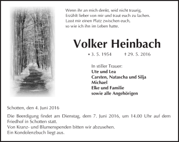 Traueranzeige von Volker Heinbach von  Kreisanzeiger