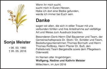 Traueranzeige von Sonja Meister von Trauerportal Echo Online