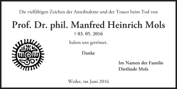 Traueranzeige von Manfred Heinrich Mols von  Allgemeine  Zeitung Ingelheim-Bingen