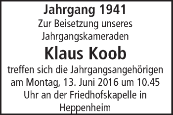 Traueranzeige von Klaus Koob von Trauerportal Echo Online