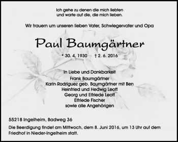 Traueranzeige von Paul Baumgärtner von  Allgemeine  Zeitung Ingelheim-Bingen