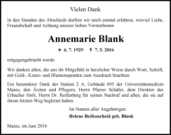 Traueranzeige von Annemarie Blank von  Allgemeine Zeitung Mainz
