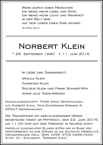 Traueranzeige von Norbert Klein von Trauerportal Rhein Main Presse
