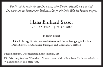 Traueranzeige von Hans Ehrhard Sasser von  Allgemeine  Zeitung Ingelheim-Bingen
