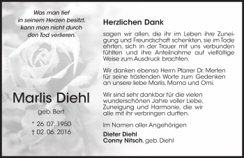 Traueranzeige von Marlis Diehl von Trauerportal Rhein Main Presse