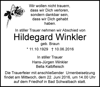 Traueranzeige von Hildegard Winkler von Trauerportal Rhein Main Presse