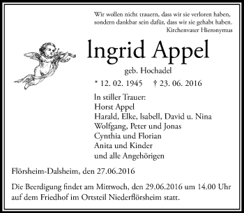 Traueranzeige von Ingrid Appel von Trauerportal Rhein Main Presse