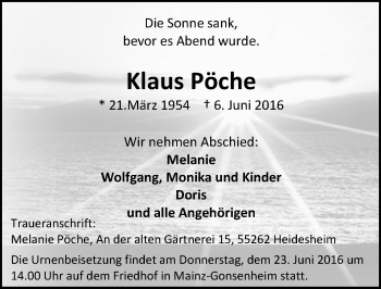 Traueranzeige von Klaus Pöche von Trauerportal Rhein Main Presse