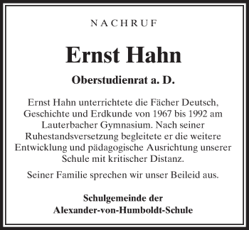 Traueranzeige von Ernst Hahn von VRM Trauer