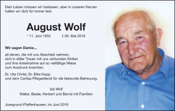 Traueranzeige von August Wolf von  Gelnhäuser Tageblatt