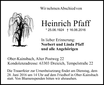 Traueranzeige von Heinrich Pfaff von Trauerportal Echo Online