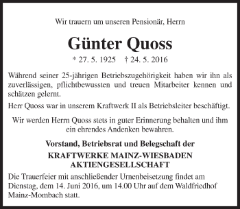 Traueranzeige von Günter Quoss von  Mainspitze