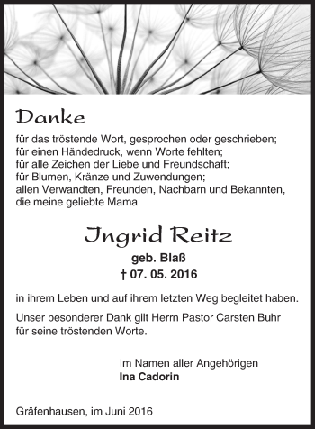 Traueranzeige von Ingrid Reitz von Trauerportal Echo Online