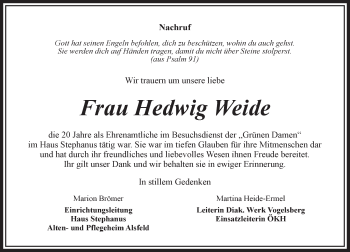Traueranzeige von Hedwig Weide von VRM Trauer