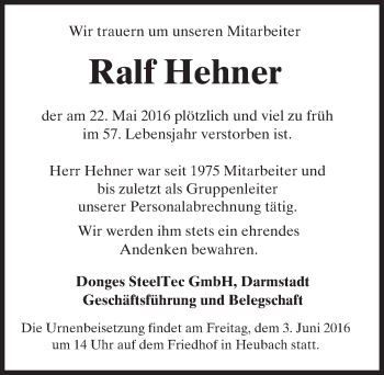 Traueranzeige von Ralf Hehner von Trauerportal Echo Online