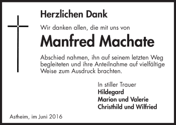 Traueranzeige von Manfred Machate von  Mainspitze
