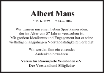 Traueranzeige von Albert Maus von Trauerportal Rhein Main Presse