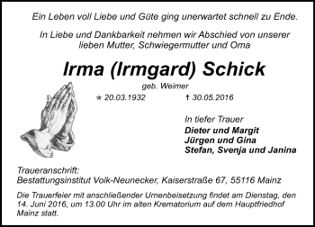 Traueranzeige von Irma  Schick von  Allgemeine Zeitung Mainz