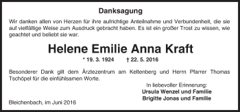 Traueranzeige von Helene Emilie Anna Kraft von  Kreisanzeiger