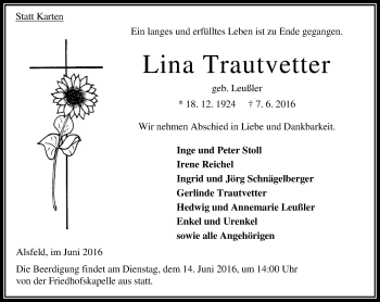 Traueranzeige von Lina Trautvetter von VRM Trauer