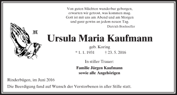 Traueranzeige von Ursula Maria Kaufmann von  Kreisanzeiger