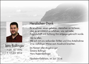 Traueranzeige von Jens Bollinger von  Allgemeine Zeitung Alzey
