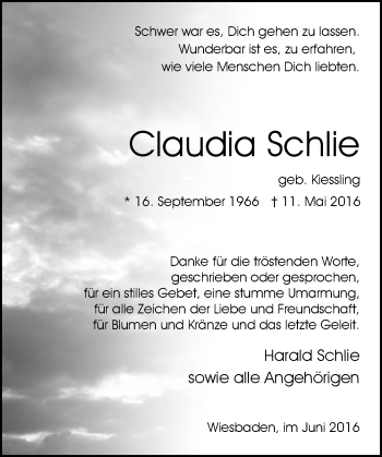 Traueranzeige von Claudia Schlie von  Wiesbaden komplett