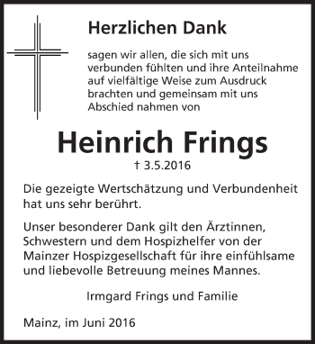 Traueranzeige von Heinrich Frings von  Allgemeine Zeitung Mainz