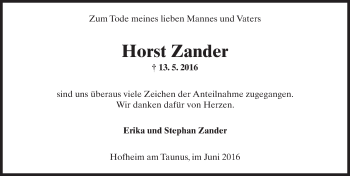 Traueranzeige von Horst Zander von  Hofheimer Zeitung