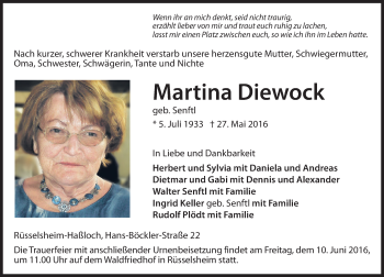 Traueranzeige von Martina Diewock von  Mainspitze