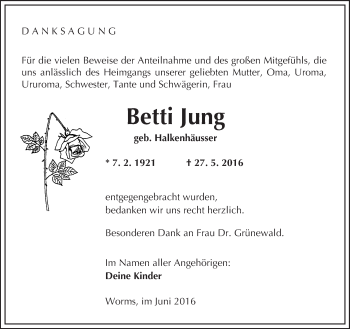Traueranzeige von Betti Jung von  Wormser Zeitung