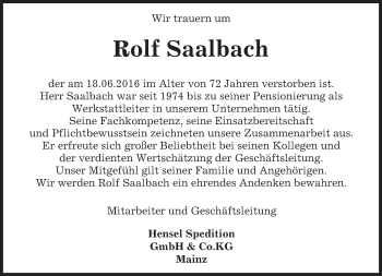 Traueranzeige von Rolf Saalbach von Trauerportal Rhein Main Presse