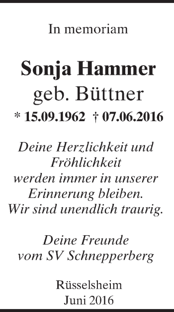 Traueranzeige von Sonja Hammer von Trauerportal Rhein Main Presse