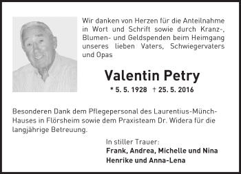 Traueranzeige von Valentin Petry von  Hochheimer Zeitung