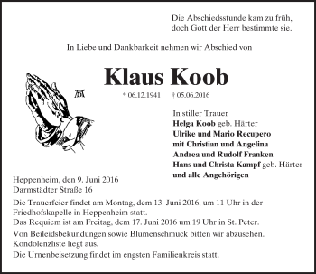 Traueranzeige von Klaus Koob von Trauerportal Echo Online
