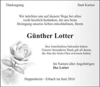 Traueranzeige von Günther Lotter von Trauerportal Echo Online