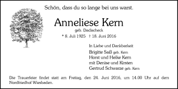 Traueranzeige von Anneliese Kern von Trauerportal Rhein Main Presse