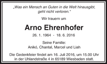 Traueranzeige von Arno Ehrenhofer von  Camberger Anzeiger