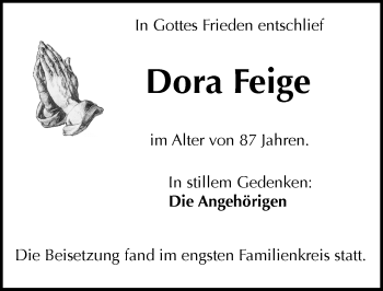 Traueranzeige von Dora Feige von  Wiesbaden komplett