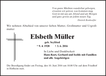 Traueranzeige von Elsbeth Müller von Trauerportal Echo Online
