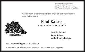 Traueranzeige von Paul Kaiser von Trauerportal Rhein Main Presse